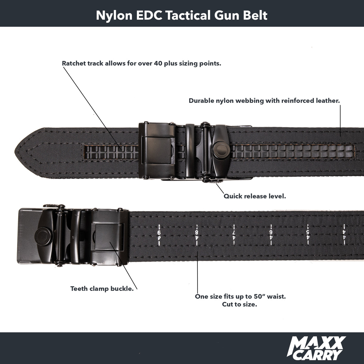 Maxx Carry Black EDC Tactical Gun Belt Reinforced Liner Ratchet Track Technology Design Adjustable up to 50"